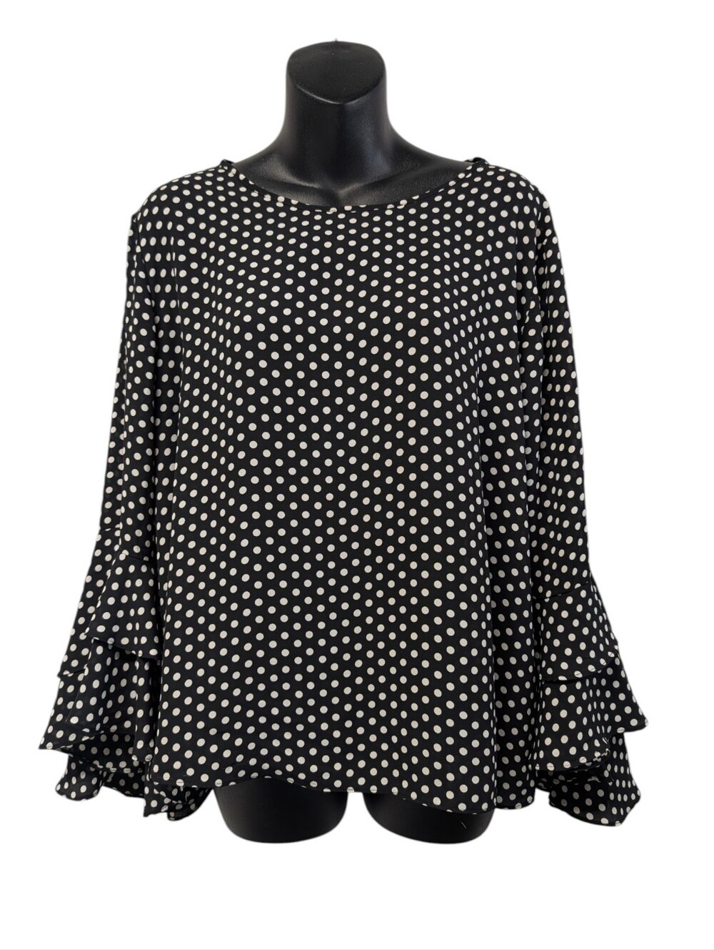 Willi Smith Polka Dot Tiered Ruffle Bell Sleeve Blouse Top Black Cream XL